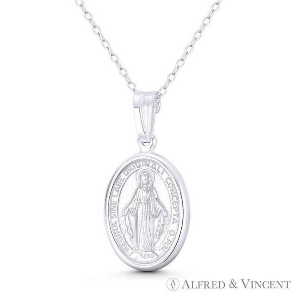 Holy Mother Mary Miraculous Medal Marian Cross Pendant in .925 Sterling Silver